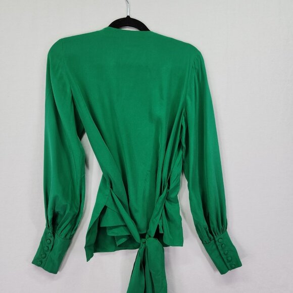 Intermix Silk Wrap Blouse Size 4 Green Long Sleeve Button Wrist - Picture 12 of 14